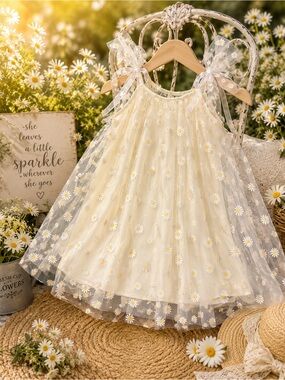 🌼 Girls Daisy Tulle Dress | Cream Floral Mesh Party Dress | Fairy Garden Style